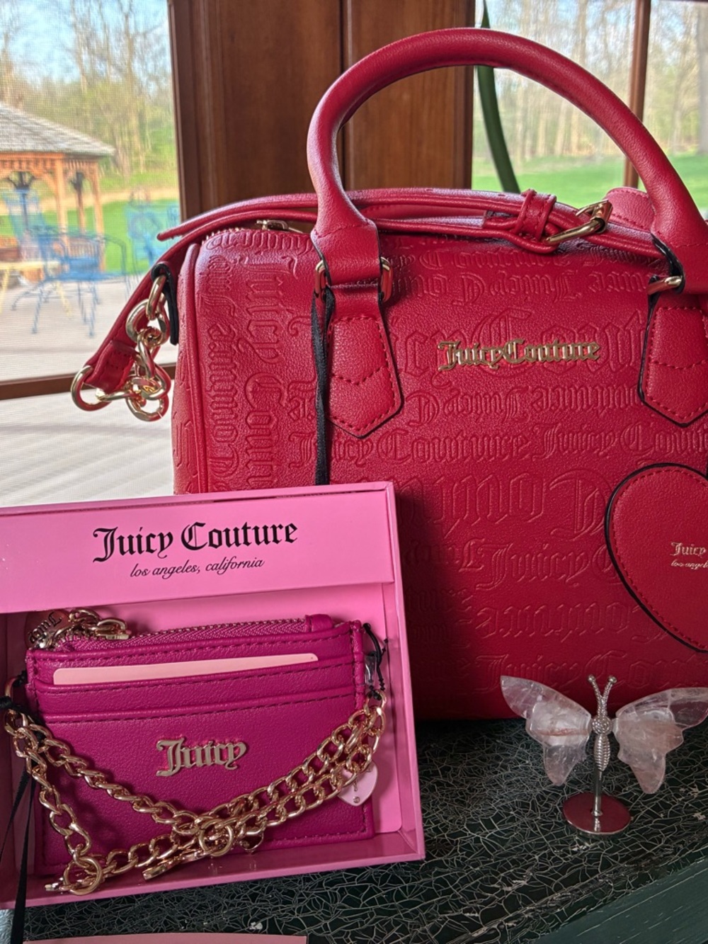 Juicy Couture Red Embossed Satchel with Pink Chain Cardholder